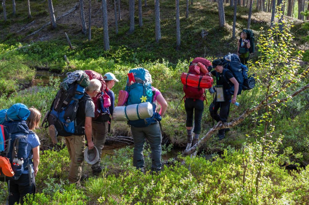 Kuusi henkilöä kulkee metsässä polkua pitkin rinkat selässä.