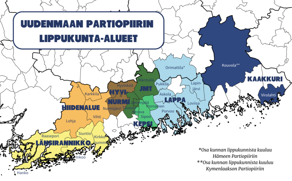 Kartta, jossa näkyy Uudenmaan Partiopiirin kunnat jaoteltuna lippukunta-alueisiin.